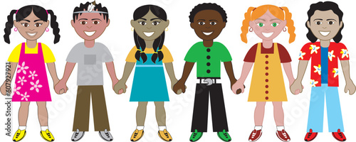 Vector of Six Kids from around the world holding hands in unity. Diversity Fully editable.