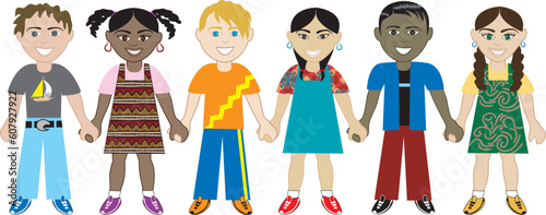 Vector of Six Kids from around the world holding hands in unity. Diversity Fully editable.