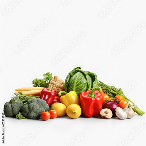 Ripe fresh vegetables on a white background. The concept of harvest, healthy food. Copy space for text.Generative AI