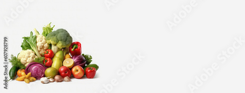 Ripe fresh vegetables and fruits on a white background. Harvest concept and healthy eating.Copy space for text.Banner.Generative AI.Generative AI