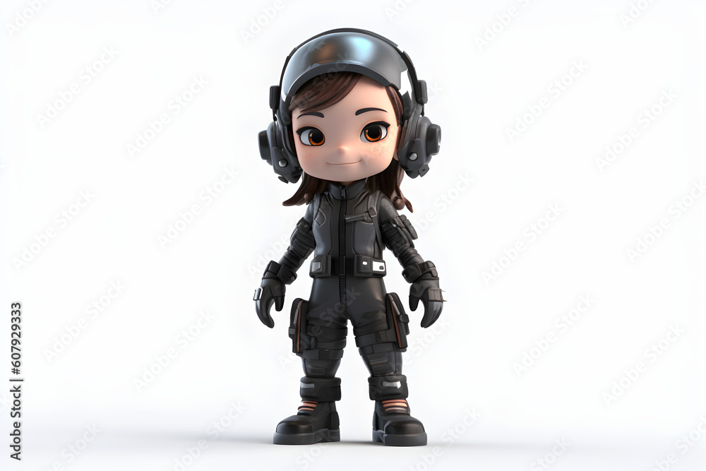 Cute girl wearing techwear on a white background. Adorable chibi 3d character. Generated by AI.