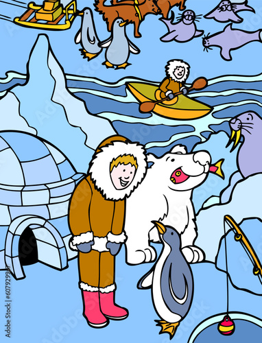 Child lives near an igloo and fishes in the arctic cold with polar bear, sea lion, penguins, and sled dogs.