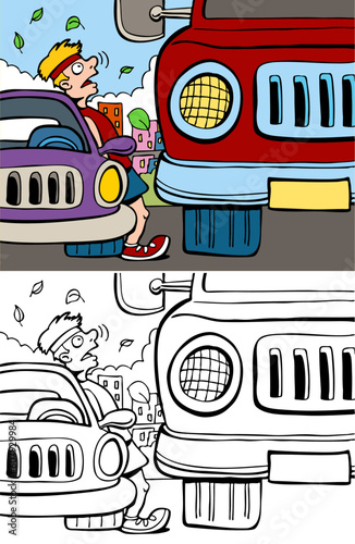 Cartoon image of a close call of a man almost hit by a vehicle - both color and black / white versions.