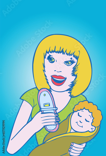 Cartoon image of a mother with her baby.