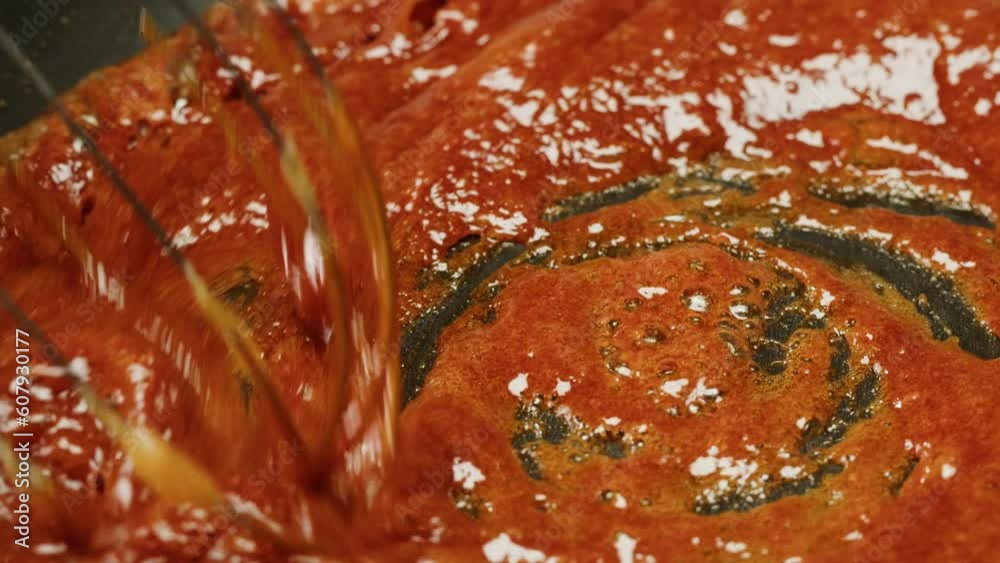 Close up of boiling sugar with bubbles turns into caramel, caramelization, chef cooking dessert in cafe, restaurant pastry food. Close up of boiling sugar with bubbles turns into caramel, caramelization, chef cooking dessert in cafe, restaurant pastry food.