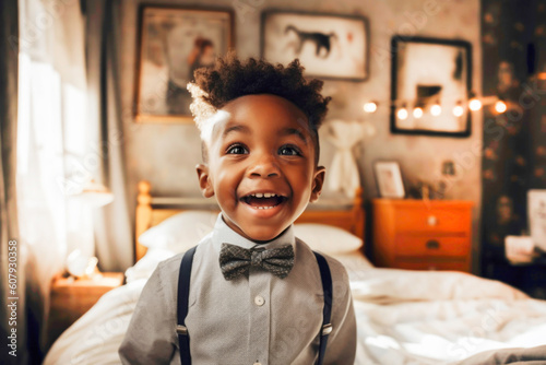 Portrait of little Black kid in his room smiling. Generative AI. photo