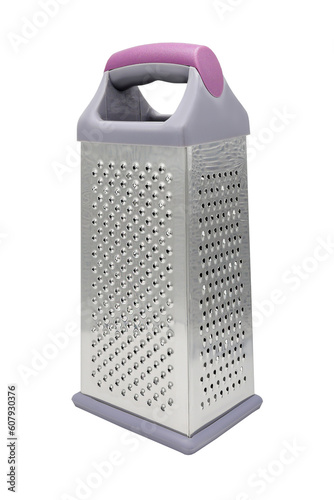 Steel vegetable grater with pink plastic handle isolated on white background