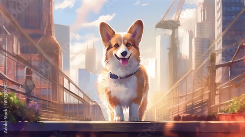 cute funny corgi on the background of the city ai generative