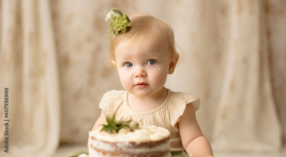 cute baby girl celebrates birthday one year, beautiful cake, in pastel green. Generative AI cute baby girl celebrates birthday one year, beautiful cake, in pastel green. Generative AI