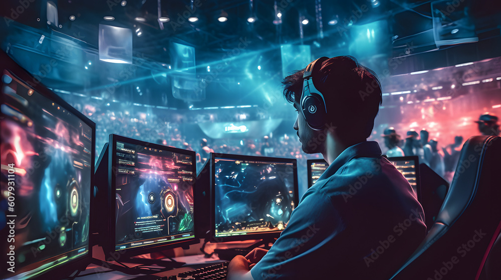World of gaming with an image of a professional esports player in action, surrounded by a high-tech gaming setup, showcasing the excitement and competitiveness of esports, Generated AI