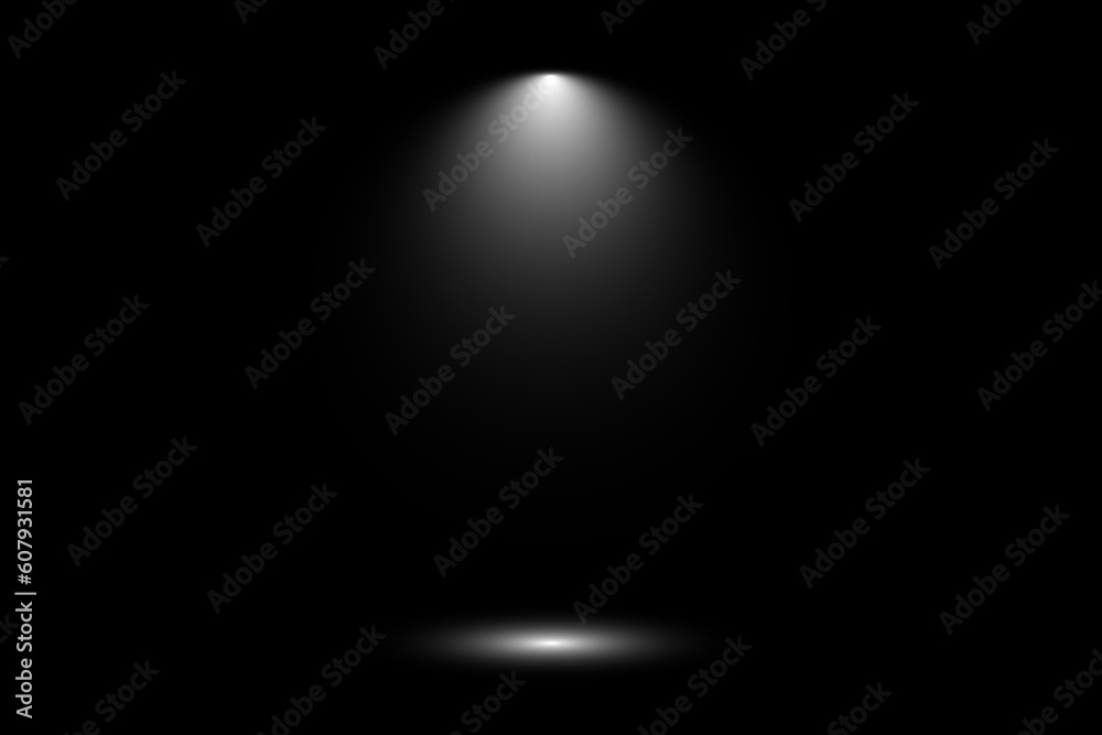 Realistic depiction of light. Stage light. Light from a lamp or spotlight. Illuminated scene. Black transparent background. Stock illustration.	