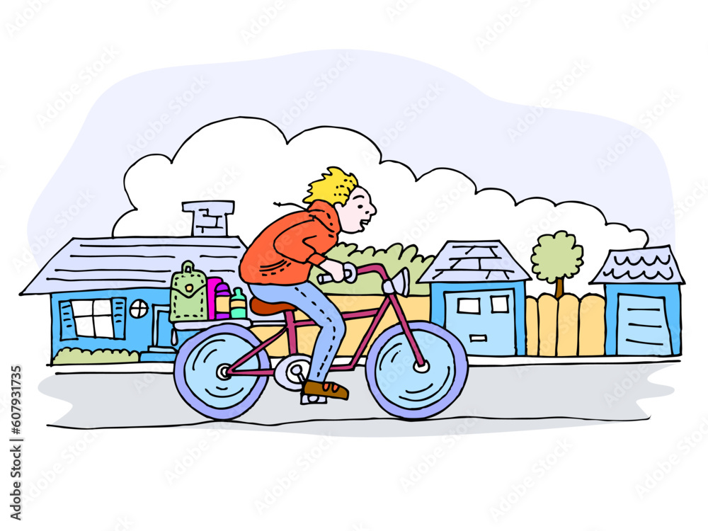 Naklejka premium A man rides a bike through the neighborhood.
