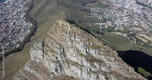 4K Aerial drone footage of Table Mountain and Lion's Head in Cape Town, South Africa. Spectacular aerial view of Cape Town and Camp's Bay. Lions Head and Camps Bay.