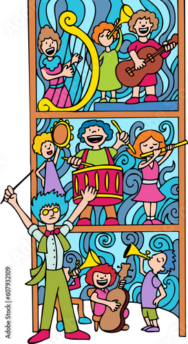 Childrens orchestra in a vertical format.