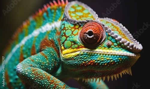  a close up of a colorful chamelon on a black background with a blurry effect to the camera lens and the head of the chamelon. generative ai