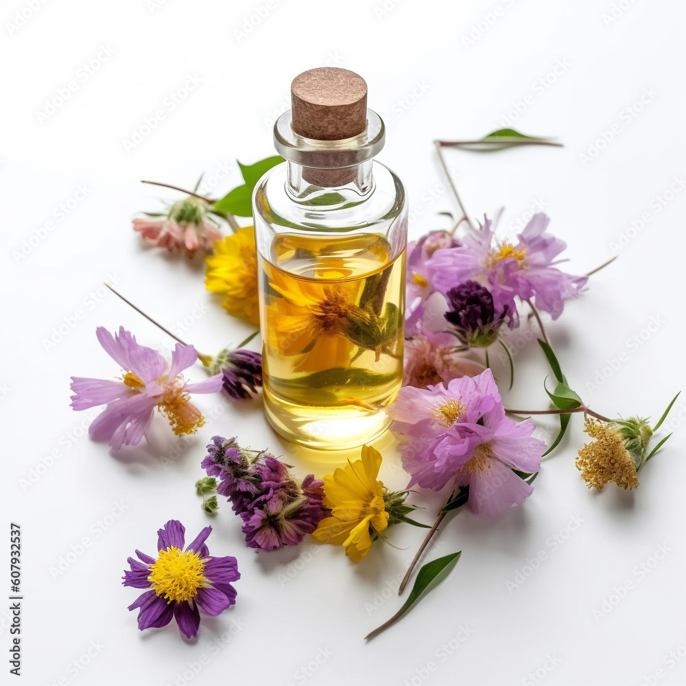 Generative ai. Essential oil with flowers Generative ai. Essential oil with flowers