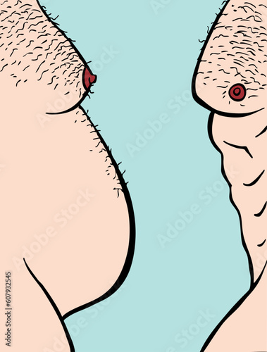 Profile view of two male torsos fat and muscular.