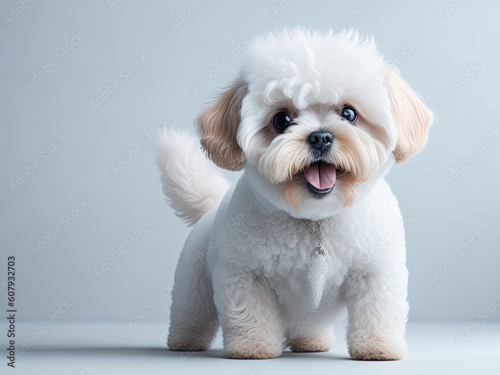 Funny cute Bichon Frize dog on soft pastel background. ai generative