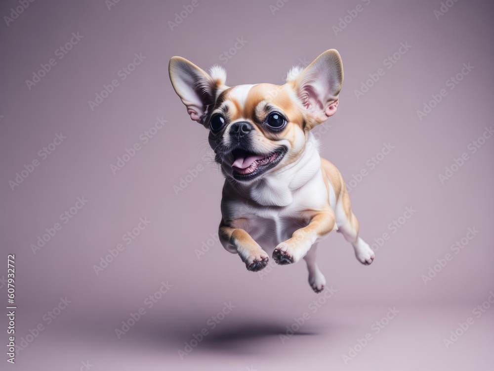 Funny cute chihuahua dog jump on soft pastel background. ai generative