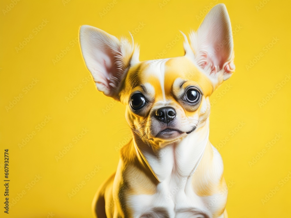 Funny cute chihuahua dog on soft pastel yellow background. ai generative