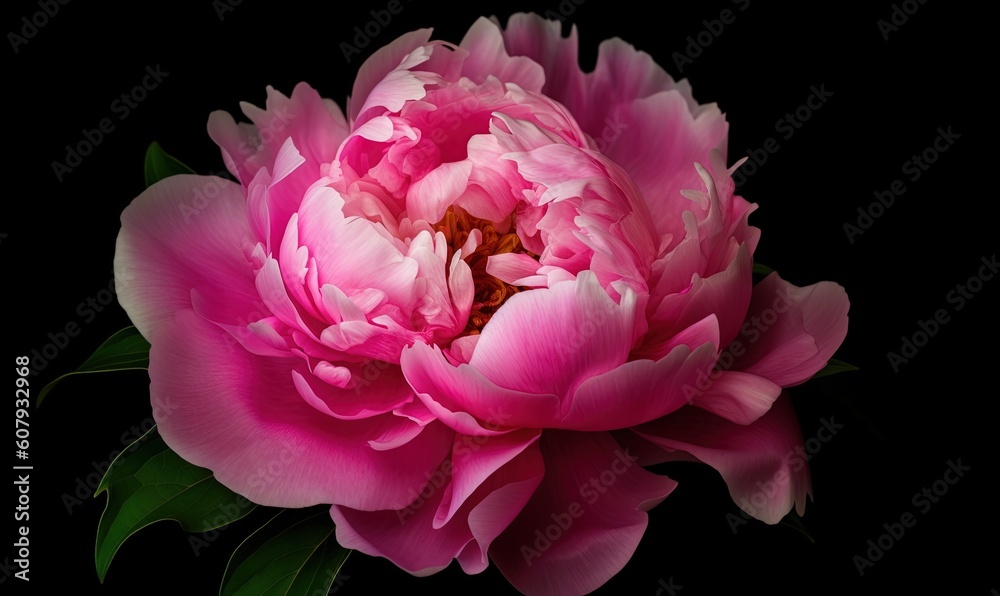  a large pink flower with green leaves on a black background with a black background and a dark background with a single pink flower in the center.  generative ai