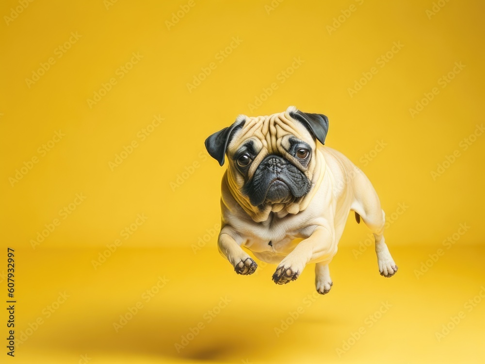 Funny cute pug dog run on soft pastel yellow background. ai generative