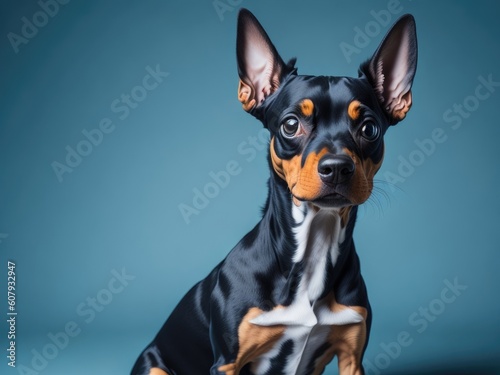 Funny cute Miniature Pinscher dog on soft blue background. ai generative © Anna