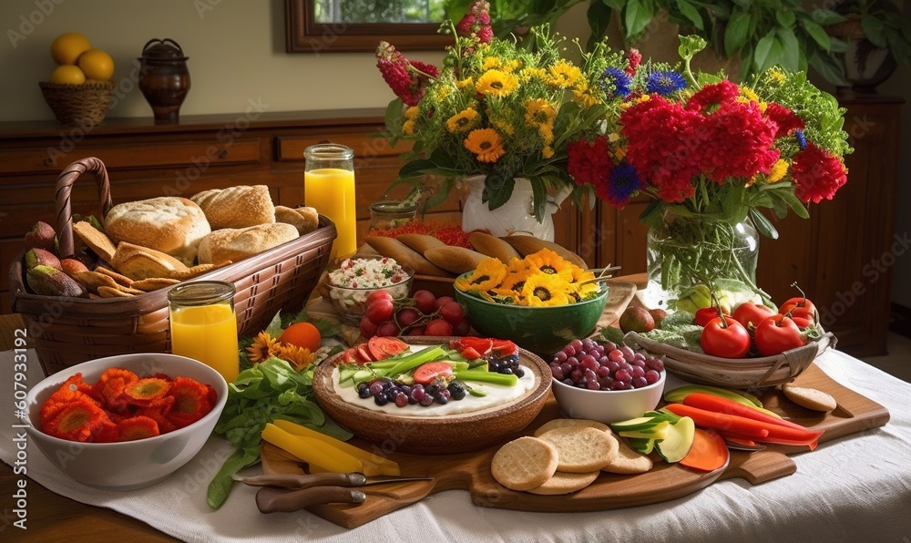 a table filled with a variety of food and flowers in a vase on top of a wooden table top next to a bowl of fruit and bread.  generative ai