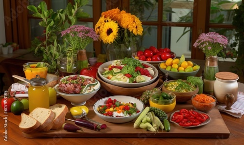  a wooden table topped with lots of different types of foods and vegetables next to vases of flowers and fruit and vegetables on top of a cutting board. generative ai