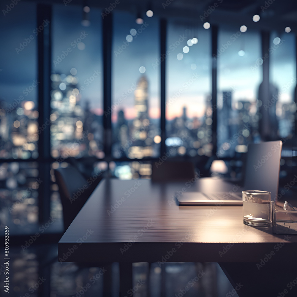 Blurred office workspace in the evening , interior workplace with cityscape for business presentation background Blurred office workspace in the evening , interior workplace with cityscape for business presentation background