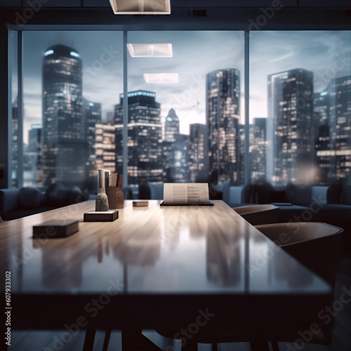 Blurred office workspace in the evening , interior workplace with cityscape for business presentation background