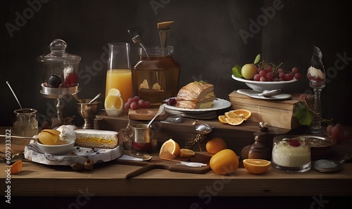  a table topped with a cake covered in fruit and a bowl of oranges next to a jar of juice and a plate of fruit. generative ai