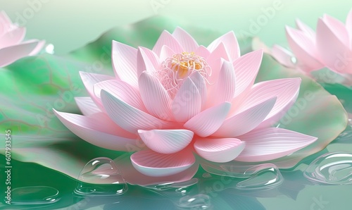  a pink lotus flower floating on top of a green leafy pond with water droplets on the water and green leaves surrounding the pond area. generative ai