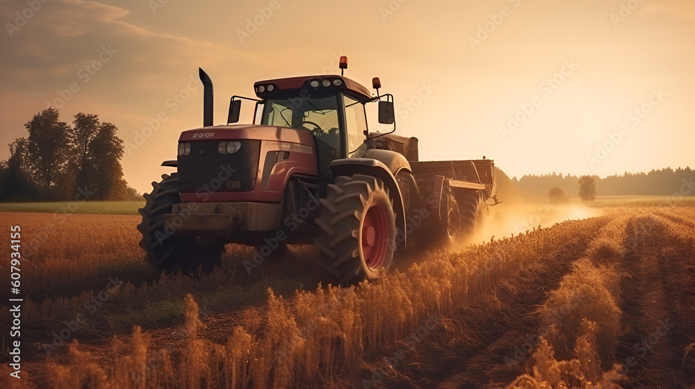Fototapeta premium Modern tractor working in a field at sunset, machinery for agriculture harvesting