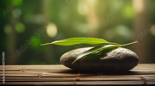 relax zen stone on wooden terrace with bamboo leaves, japanese still life meditation treatment spa concept