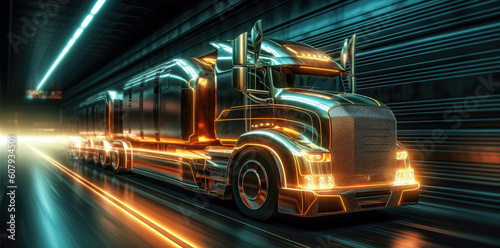 Cyber neon driving green power truck with hybrid technology automotive. Concept of light glowing heavy truck on a glowing neon tunnel. Generative AI