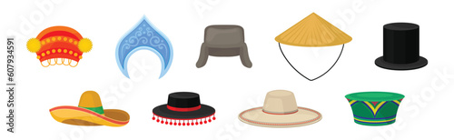 Various National Headdress and Hat as Ethnic Head Cover Vector Set