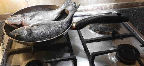 2 two Fresh sea bream dorado fishes in dripping pan on gas stove background. Top view, empty copy space.  gutted  pair of whole fishes with head and fishtail. photo