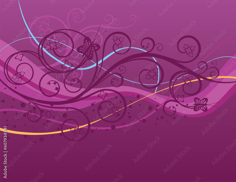 Purple swirls, waves and butterflies background Purple swirls, waves and butterflies background
