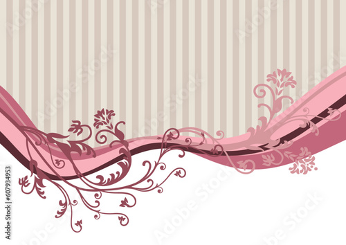 Pink vector flowers on striped background with space for your text