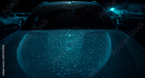 windshield car hood wet drop droplet after rain. water droplets on the hood of a vehicle after autumn rainy weather.