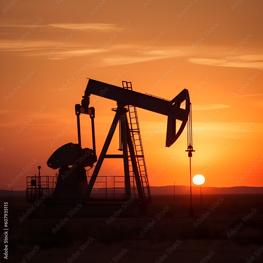 
Crude oil pumpjack rig on desert silhouette in evening sunset