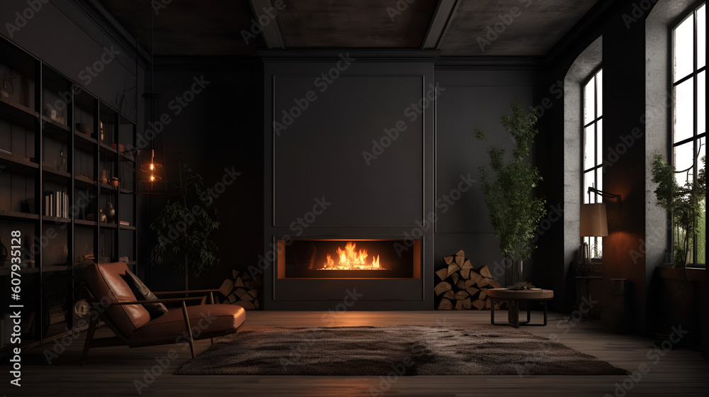 Dark living room loft with fireplace, industrial style,
