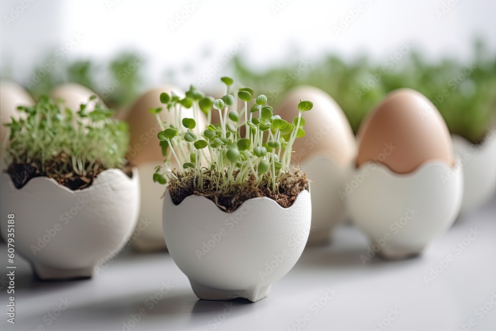 Easter eggs with microgreen sprouts in eggshells. AI generated. Easter eggs with microgreen sprouts in eggshells. AI generated.