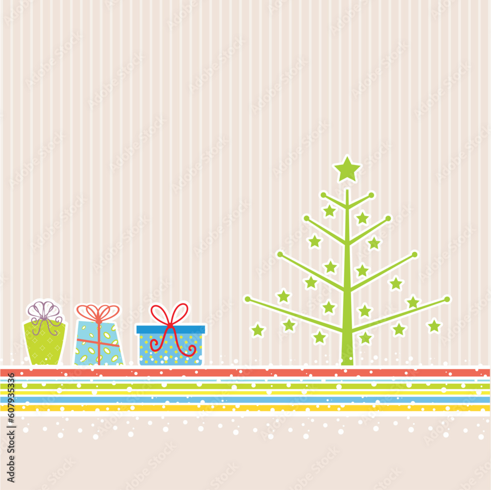 Retro styled Christmas background with tree and gifts Retro styled Christmas background with tree and gifts