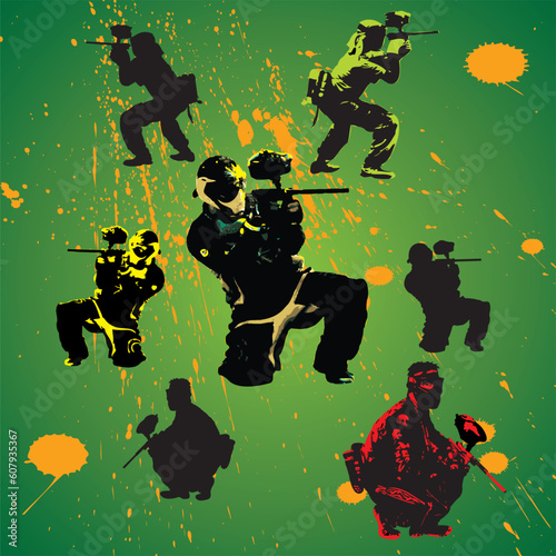 paintball players silhouettes with grunge drops, vector illustration