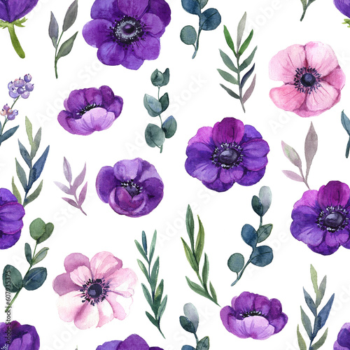 Watercolor seamless pattern with violet anemones, lilac wrapping paper, decorative greeting, watercolor flowers, berry, anemone realistic, purple violet, wedding branch, color pink deep little