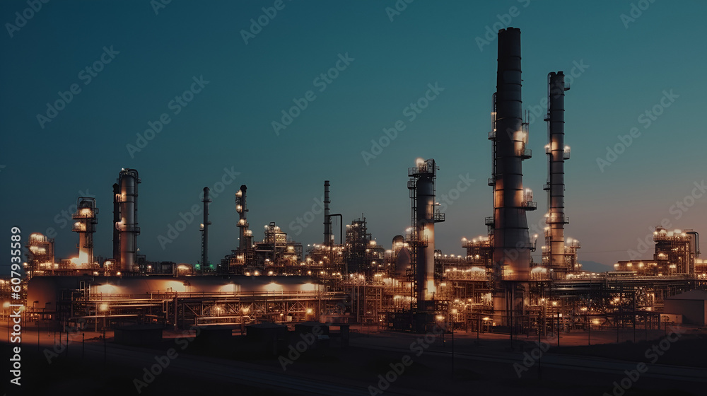 Oil refinery plant for crude oil industry on desert in evening twilight, energy industrial machine for petroleum gas