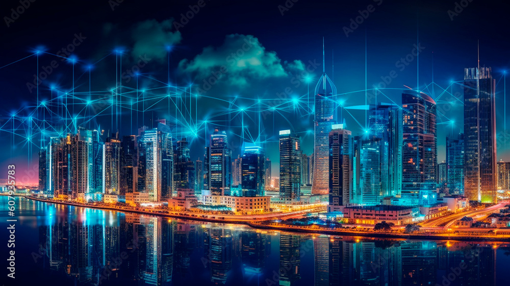 Smart City Concept: Modern Urban Environment with Wireless Network and Cityscape. Generative AI.