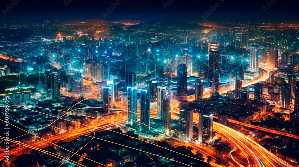 High-Tech Urban Landscape with Wireless Network Connectivity in a Modern City. Generative AI.